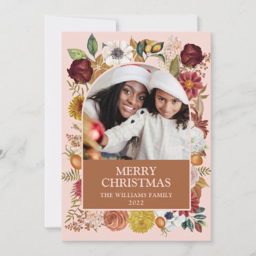 Blush Pink Christmas Botanical Floral 1 Photo Arch Holiday Card