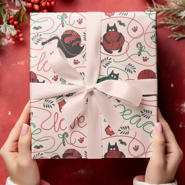 Blush Pink Christmas Peace and Love Yarn Kitties Wrapping Paper (Cute blush pink Christmas wrapping paper for Kitty Lovers. Kittens spell out PEACE and LOVE.)