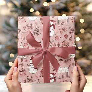 Blush Pink Christmas Reindeer & Snowman Wrapping Paper
