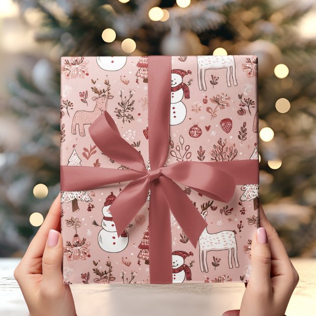 Blush Pink Christmas  | Reindeer & Snowman Wrapping Paper (Creator Uploaded)