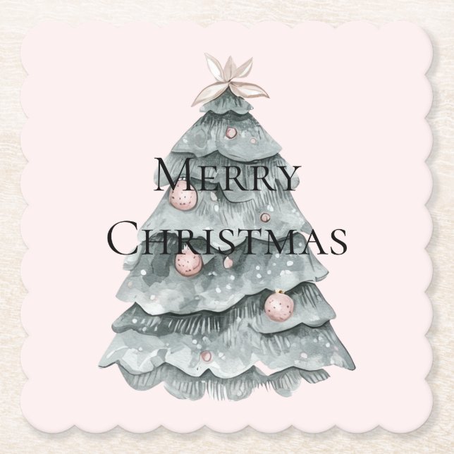 Blush Pink Christmas Tree Ornament Paper Coaster (Front)