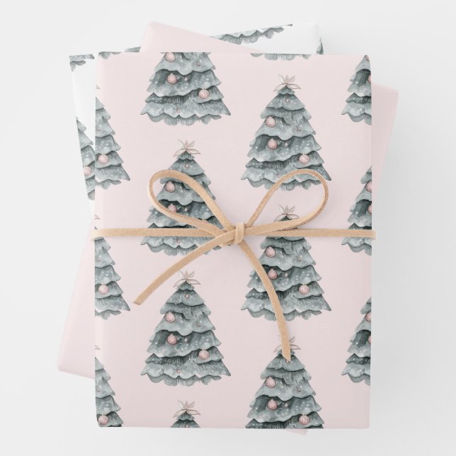 Blush Pink Christmas Tree Ornament Wrapping Paper Sheets (In situ)