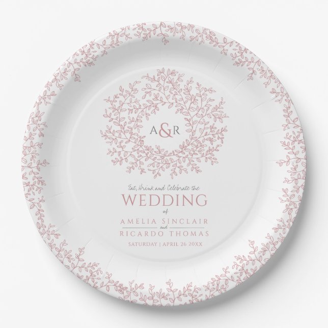Blush pink circle leaf drawing monogram wedding paper plates (Front)