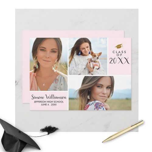 Blush Pink Class of 20XX Graduation Photo Collage Invitation