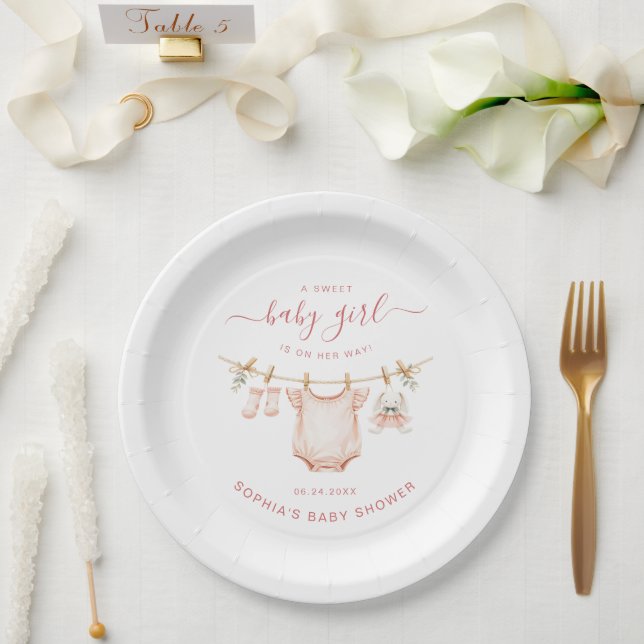 Blush Pink Clothesline Girl Baby Shower Party Paper Plates (Wedding)
