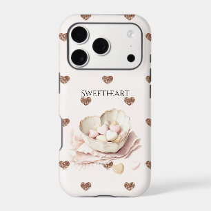 Blush Pink Cocoa Brown Glitter Sweet Hearts iPhone 17 Pro Case