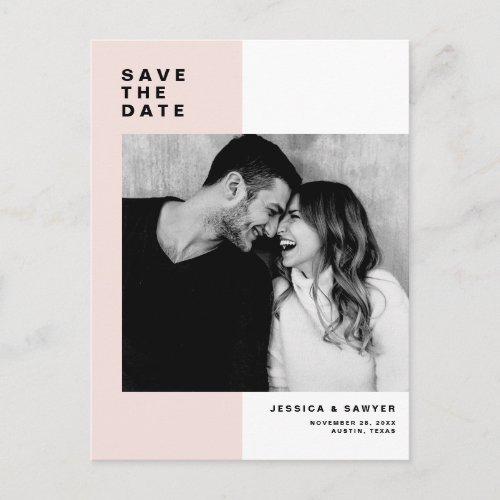 Blush Pink Color Block Modern Photo Save the Date Announcement Postcard