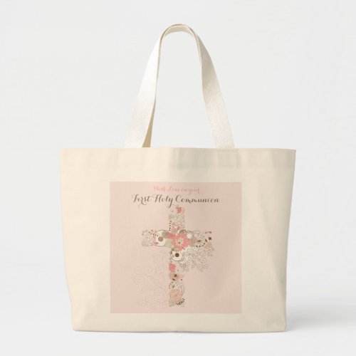 Blush pink Communion Floral Cross Tote Bag