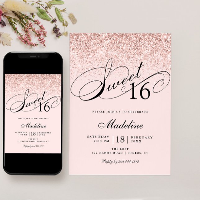 Blush Pink Confetti Glitter, Sweet 16 Birthday Invitation (Creator Uploaded)