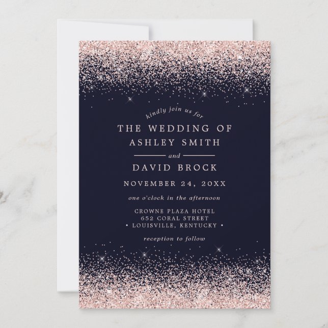 Blush Pink Confetti Navy Blue Wedding Invitation (Front)
