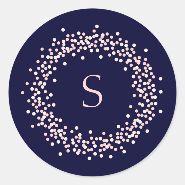 Blush Pink Confetti on Navy Blue | Monogram Classic Round Sticker (Front)