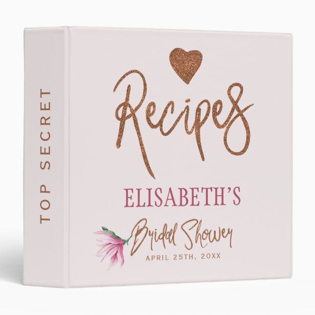 Blush pink copper glitter bridal shower recipe 3 ring binder (Front/Spine)