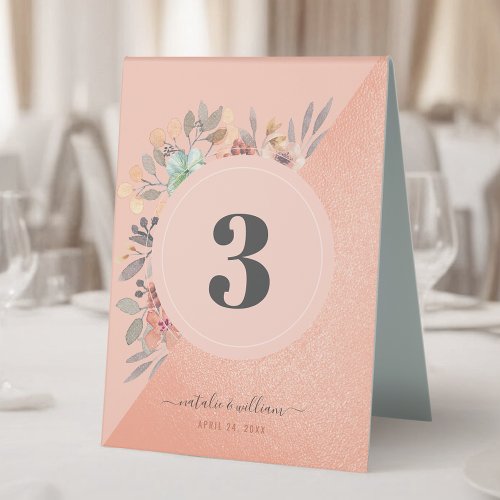 Blush Pink Copper Watercolor Floral Chic Wedding Table Tent Sign