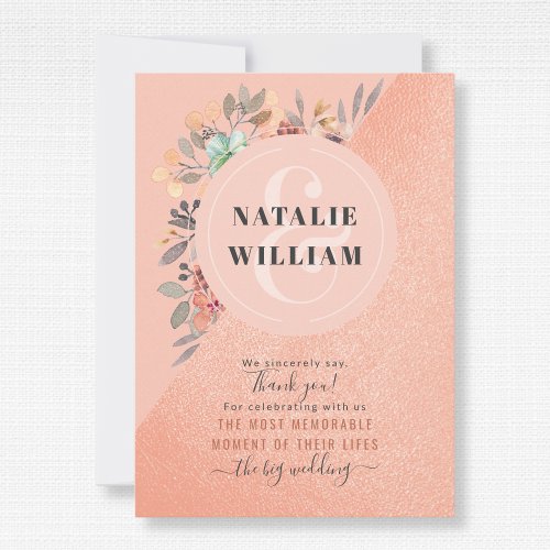 Blush Pink Copper Watercolor Floral Glam Wedding Thank You Card