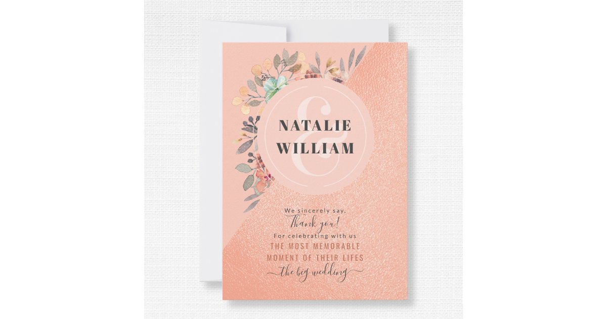 Blush Pink Copper Watercolor Floral Glam Wedding Thank You Card | Zazzle