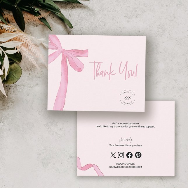 Blush Pink Coquette bow custom logo Thank You Card (Pink bow coquette thank you business logo card)