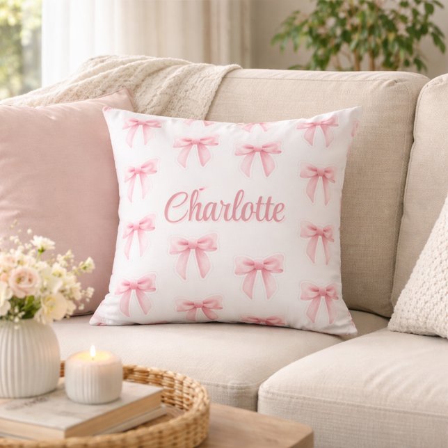 Blush Pink Coquette Bow Girly Custom Name Throw Pillow (Creator Uploaded)