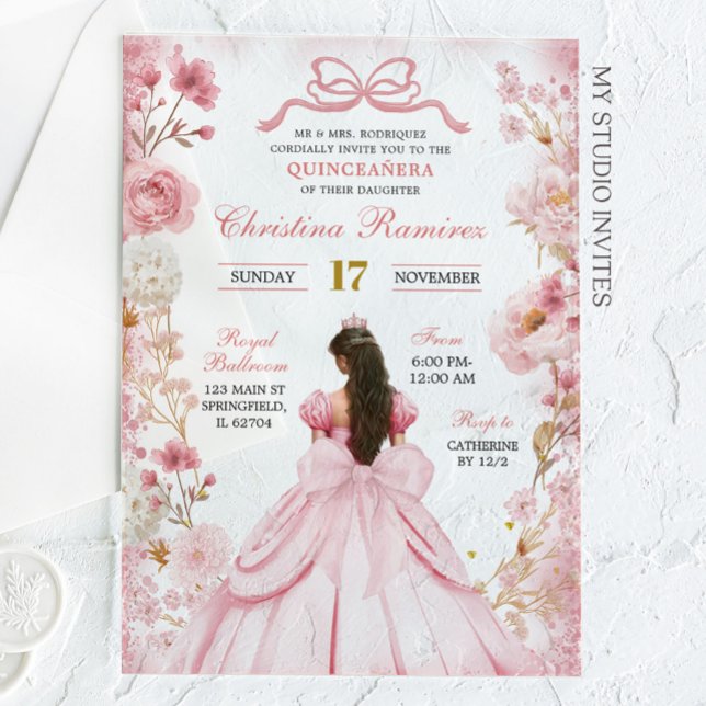 Blush Pink Coquette Bow Princess Quinceanera Acrylic Invitations (Creator Uploaded)