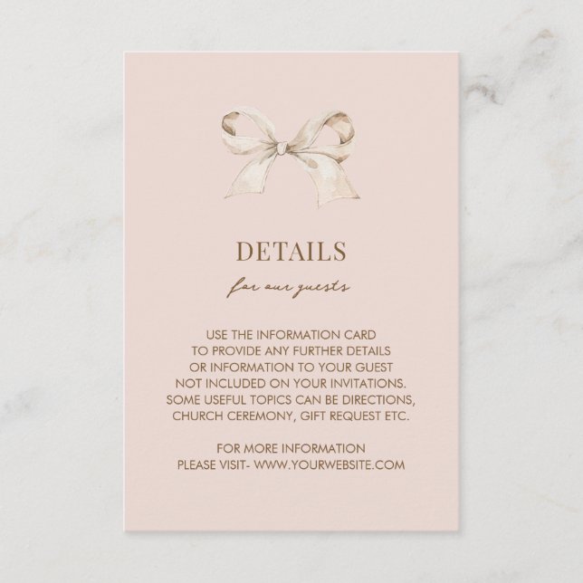 Blush Pink Coquette Bow Wedding Details Enclosure Card (Front)