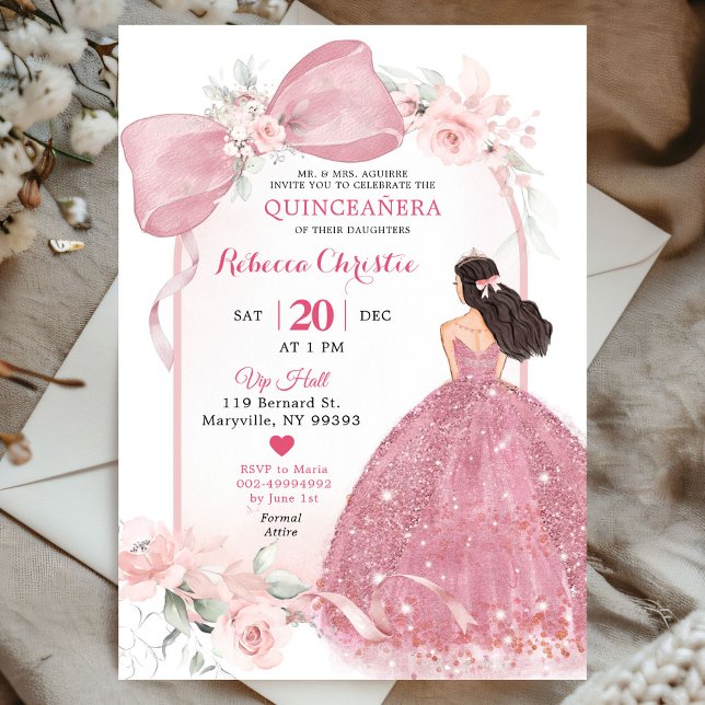 Blush Pink Coquette Floral Quinceañera Invitation (Creator Uploaded)