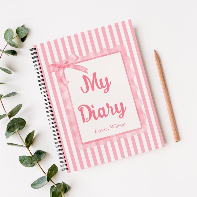Blush Pink Coquette Stripes Bow Monogramed Diary Notebook (Creator Uploaded)