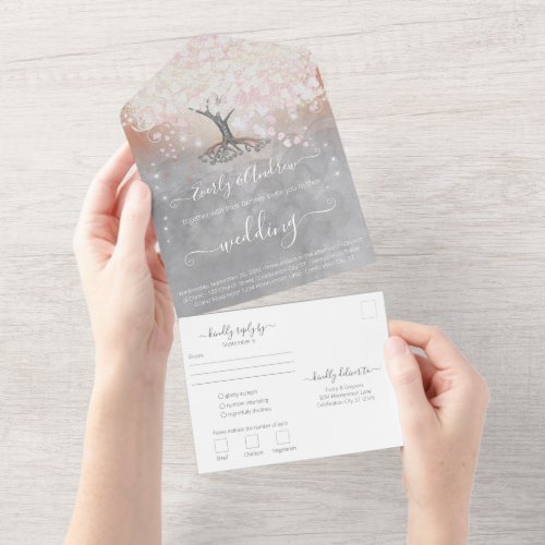 Blush Pink Coral and Gray Heart Leaf Tree Wedding  All In One Invitation