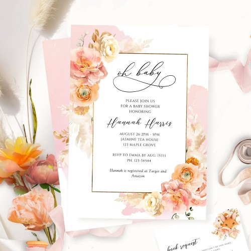 Blush Pink Coral and Peach Floral Girl Baby Shower Invitation