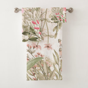 Blush pink coral forest green watercolor floral bath towel set
