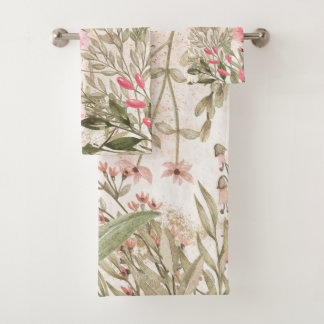 Blush pink coral forest green watercolor floral bath towel set