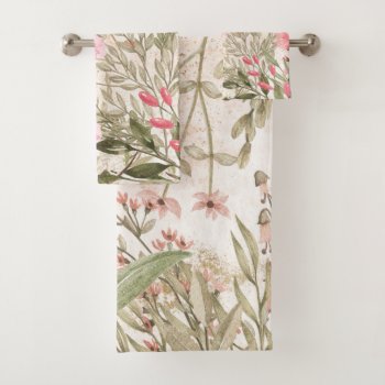 Blush Pink Coral Forest Green Watercolor Floral Bath Towel Set by kicksdesign at Zazzle