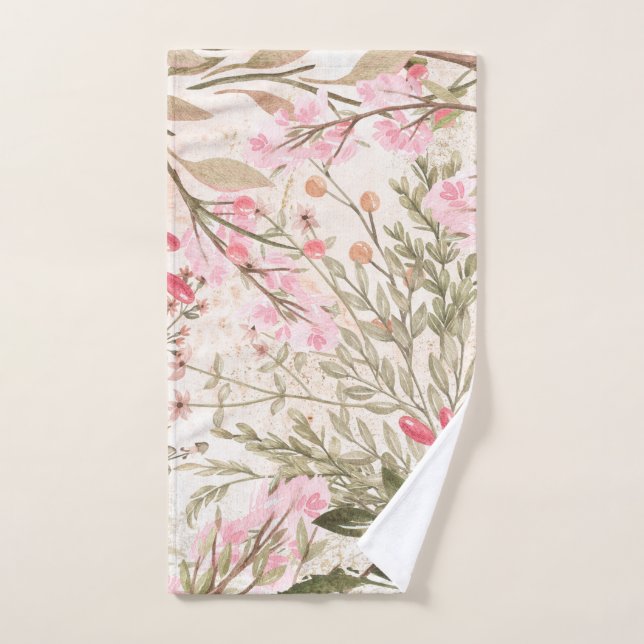 Blush pink coral forest green watercolor floral hand towel  (Hand Towel)