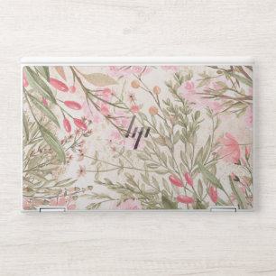 Blush pink coral forest green watercolor floral HP laptop skin