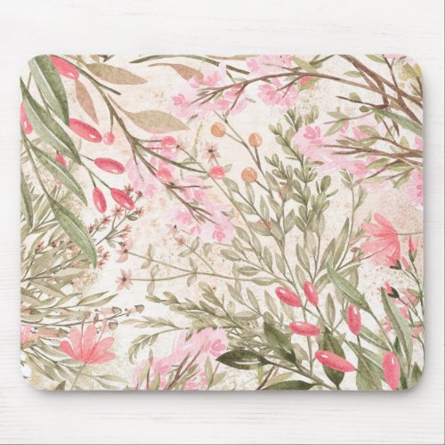 Blush pink coral forest green watercolor floral mouse pad