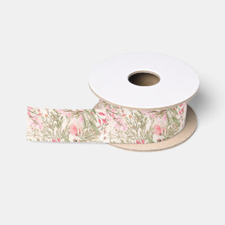 Blush pink coral forest green watercolor floral satin ribbon