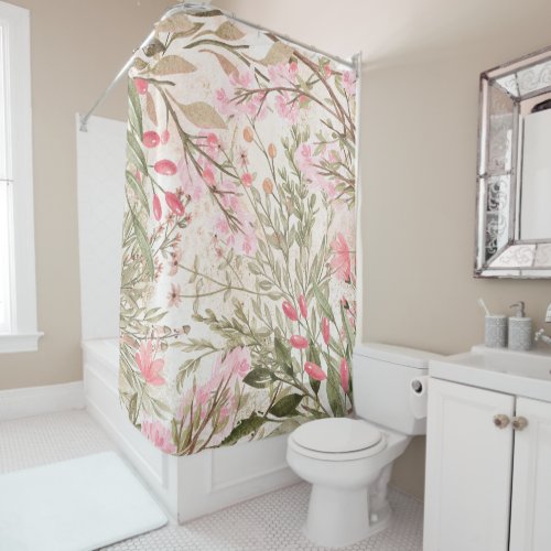 Blush pink coral forest green watercolor floral shower curtain