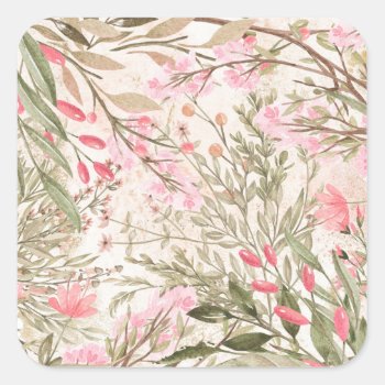 Blush Pink Coral Forest Green Watercolor Floral Square Sticker by kicksdesign at Zazzle