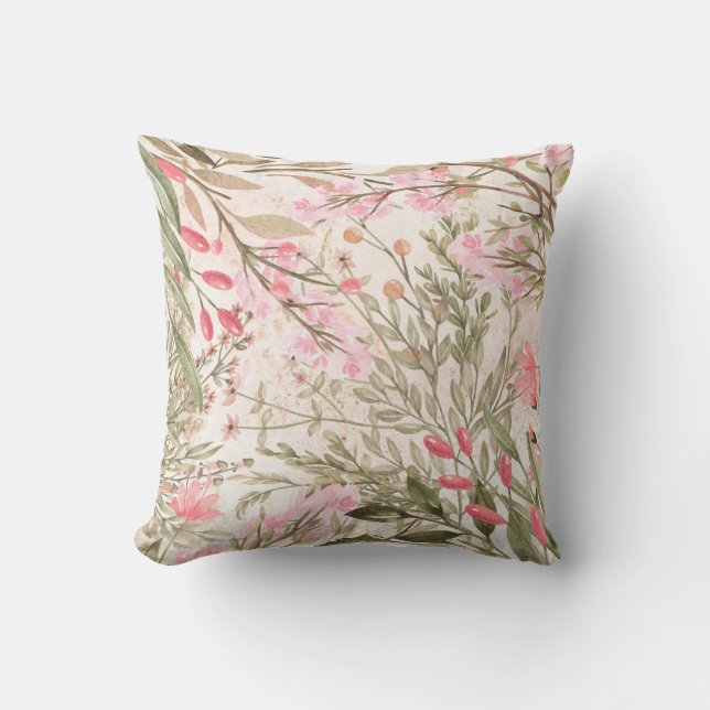 Blush pink coral forest green watercolor floral throw pillow (Front)