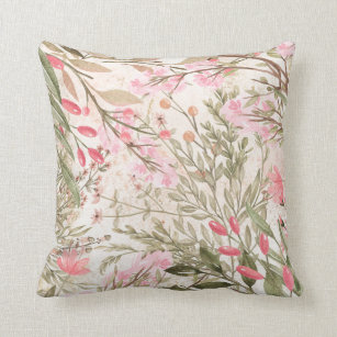 Blush pink coral forest green watercolor floral throw pillow