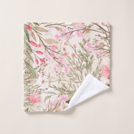 Blush Pink Coral Forest Green Watercolor Floral Wash Cloth