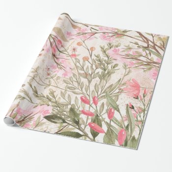 Blush Pink Coral Forest Green Watercolor Floral Wrapping Paper by kicksdesign at Zazzle