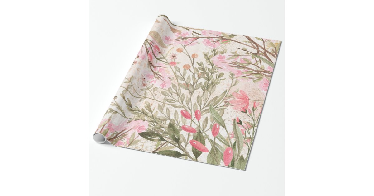 Blush pink coral forest green watercolor floral wrapping paper | Zazzle