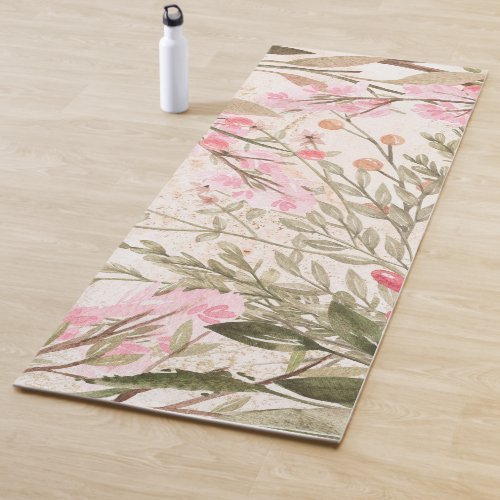 Blush pink coral forest green watercolor floral yoga mat
