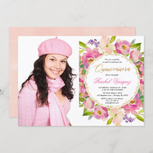 Blush pink coral gold floral Quinceanera photo Invitation