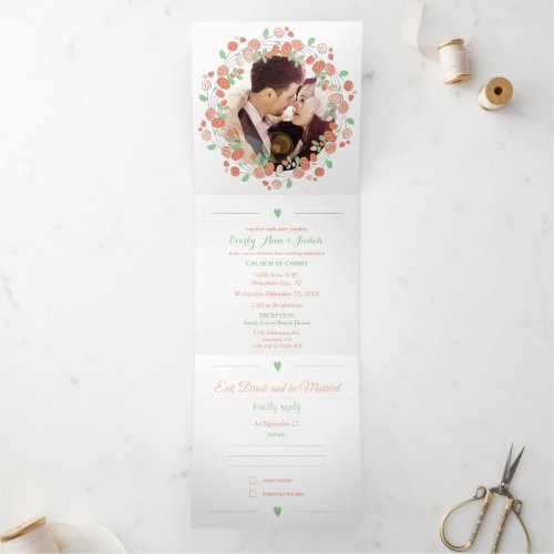 Blush Pink Coral Green Ash Floral Wreath Wedding Tri_Fold Invitation