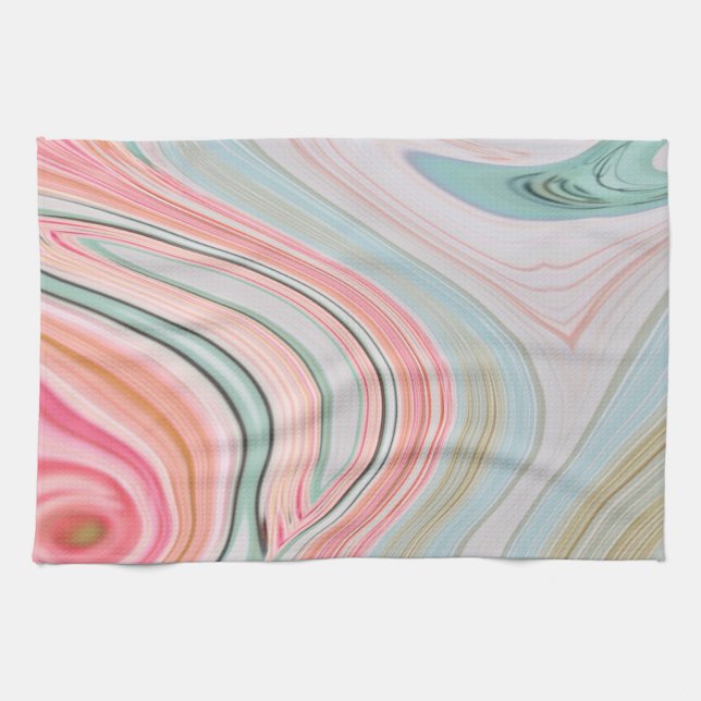 blush pink coral mint green rainbow marble swirls kitchen towel (Horizontal)