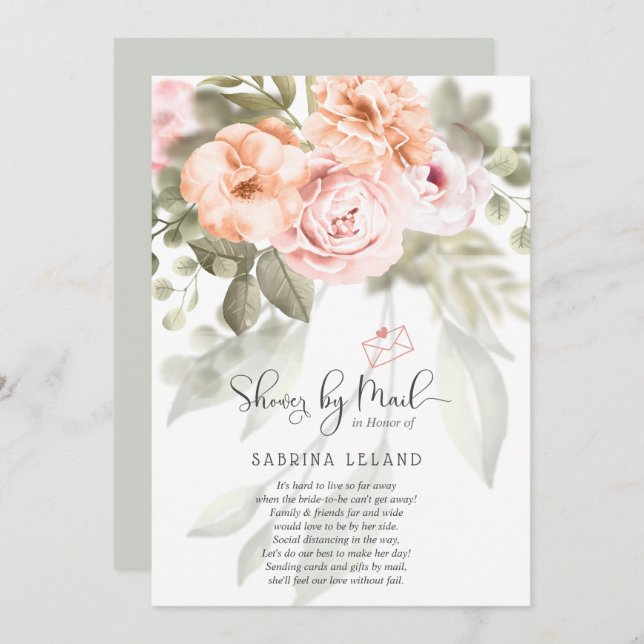 Blush Pink Coral Peonies Shower by Mail Invitation (Front/Back)