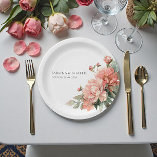 Blush Pink Coral Peony Elegant Feminine Wedding  Paper Plates