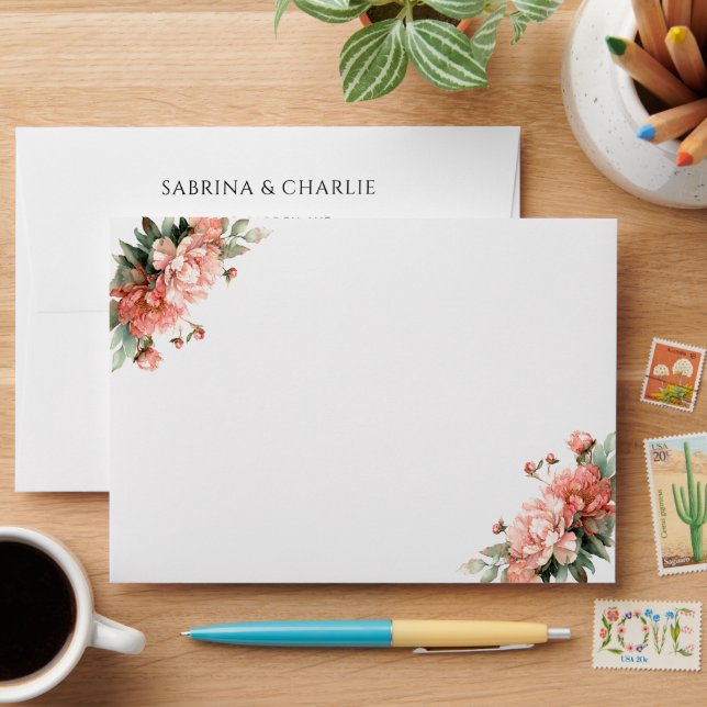 Blush Pink Coral Peony Elegant Wedding  Envelope (Desk)