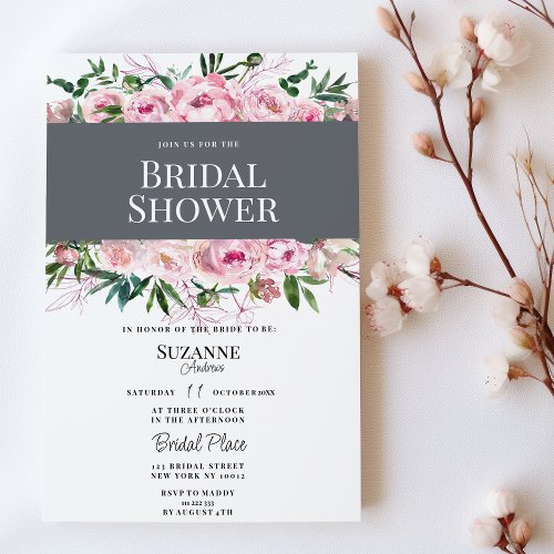 Blush pink coral peony floral summer Bridal Shower Invitation