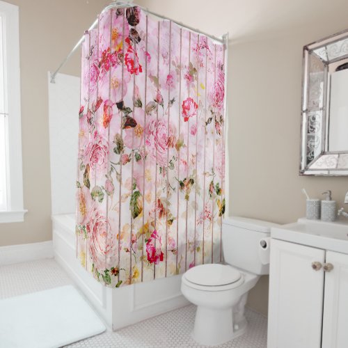Blush pink coral watercolor floral modern stripes shower curtain